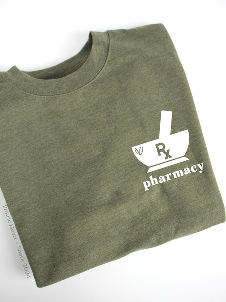 Mortar + Pestle Rx: with 'pharmacy' on Heather Army Green 