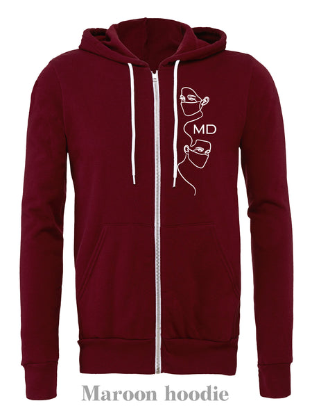 Frontliners: White with customized "MD" on a maroon hoodie