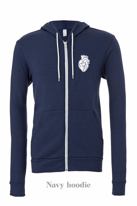 HEART-ology: White heart on a Navy zip up hoodie