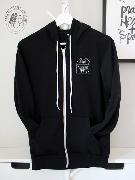 Mental Health Arch: "Grow Through What You Go Through" black zip up hoodie