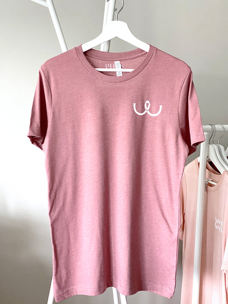White 'Breast Cancer ribbon' on a mauve tee
