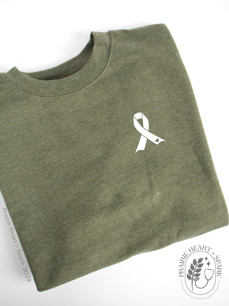Oncology: "Oncology ribbon" on Army Green sweatshirt