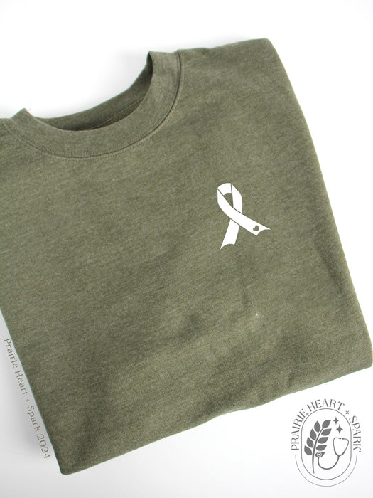 Oncology: "Oncology ribbon" on Army Green sweatshirt