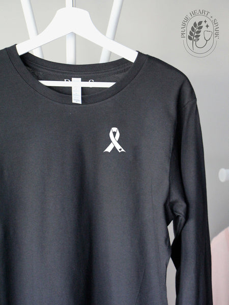 Oncology: "oncology ribbon' on a black long sleeve tee