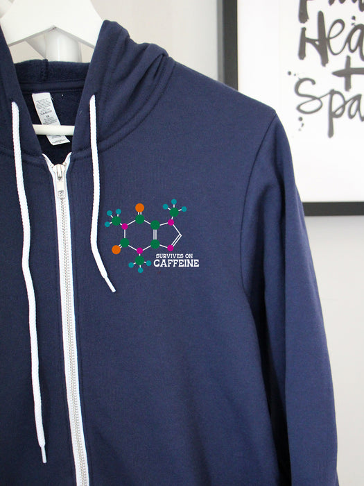 Caffeine Molecule on a Navy zip up hoodie