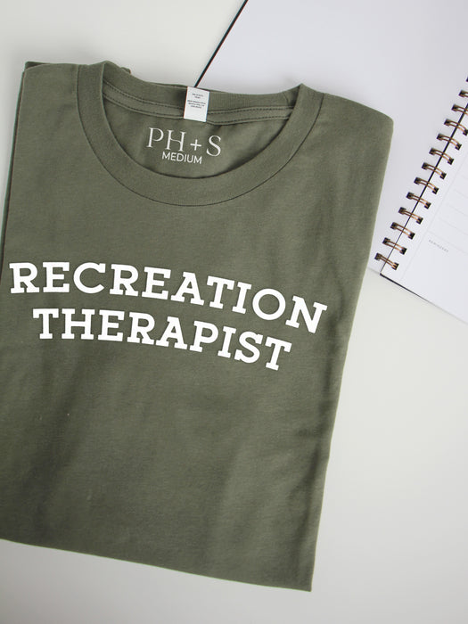 Collegiate: "Recreation Therapist" on Military Green long sleeve