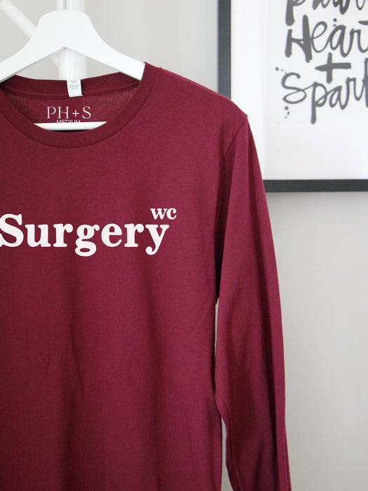 Flock Your Creds: Maroon long sleeve with "Surgery - wc" 