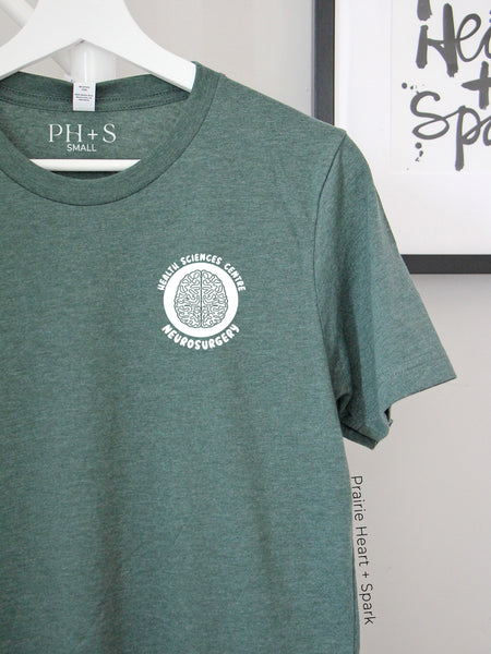 HSC Neurosurgery Brain emblem design on Heather Forest short sleeve tee