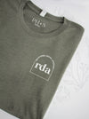 Cred Arch "RDA" on a Heather Military Green short sleeve tee
