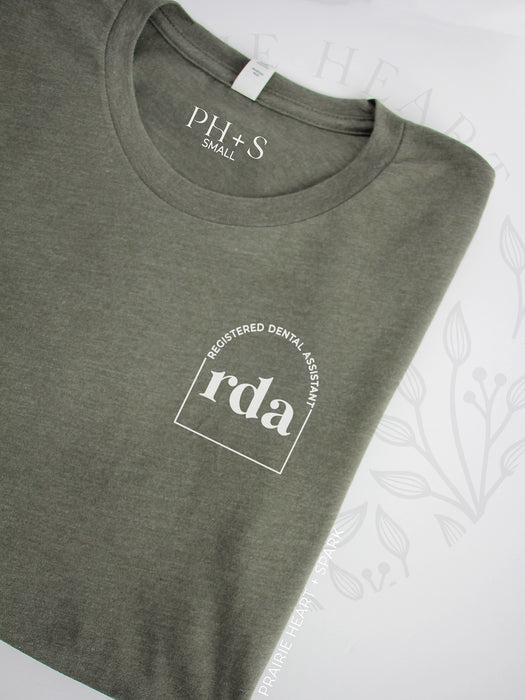Cred Arch "RDA" on a Heather Military Green short sleeve tee
