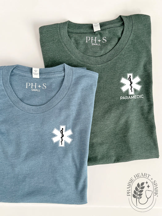 EMS Star: Black colour Rod of Asclepius on Heather Slate & Heather Forest short sleeve tees