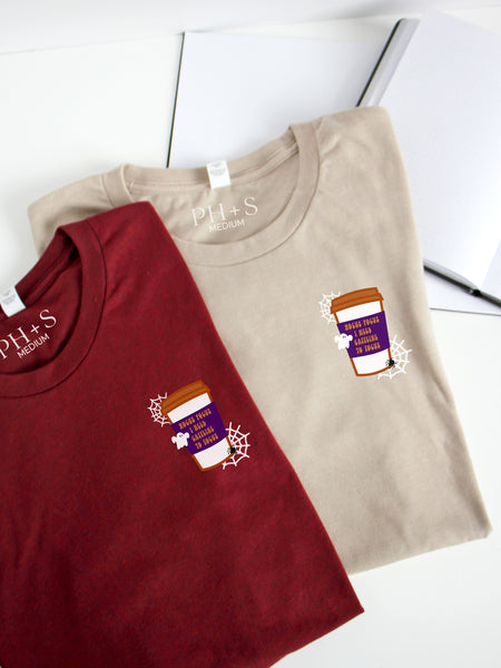 Hocus Pocus Caffeine on Heather Cardinal & Heather Tan tees