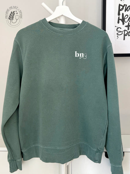 nursescope: Alpine Green sweatshirt with "BN"