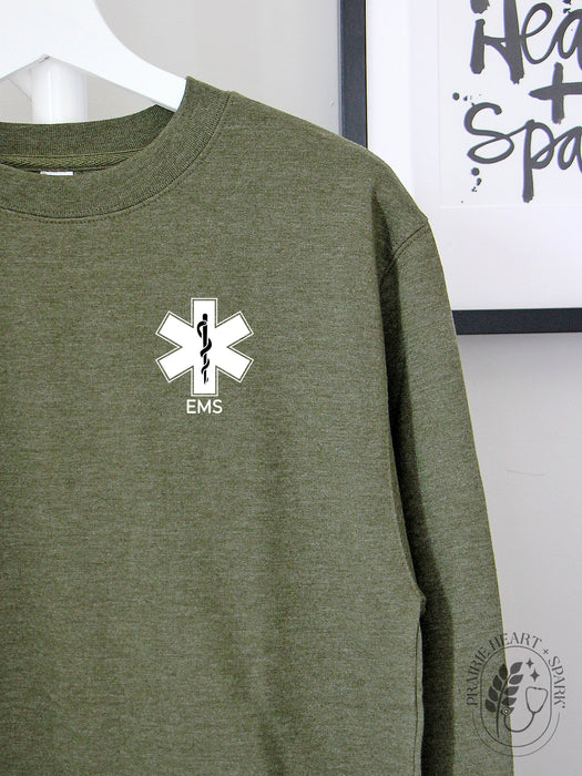EMS Star: Black colour Rod of Asclepius with EMS on a Army Green sweatshirt
