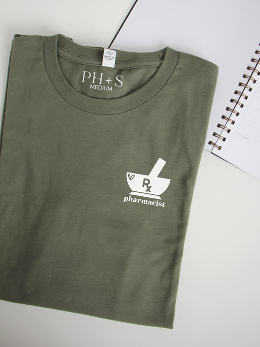 Mortar + Pestle Rx: Military Green long sleeve with "pharmacist"
