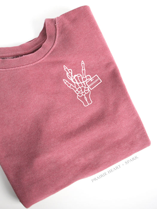 Spooky Rock On with Radiology on a Pink sweatshirt