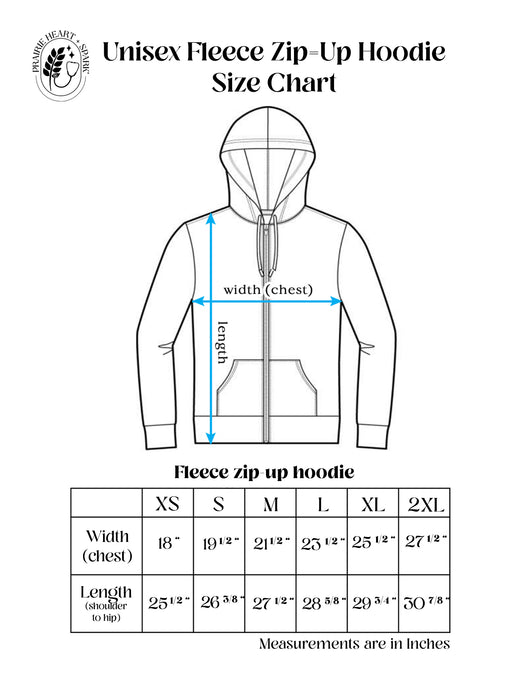 PH+S: Unisex fleece zip-up hoodie size chart