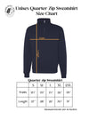 Unisex quarter zip sweatshirt size chart with measurements on a white background