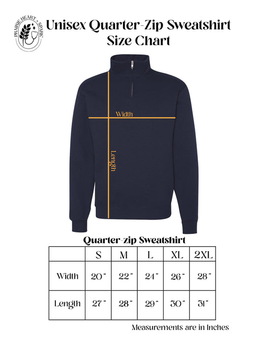 Unisex quarter zip sweatshirt size chart with measurements on a white background