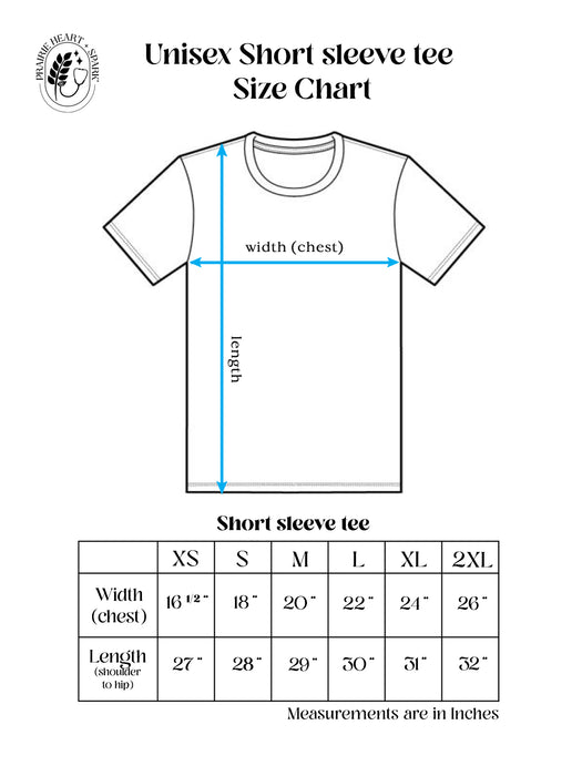 PH+S: Unisex Short sleeve tee size chart