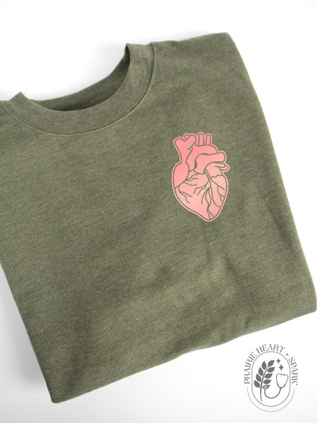 HEART-ology: Army Green sweatshirt with rose gold heart (mock up)