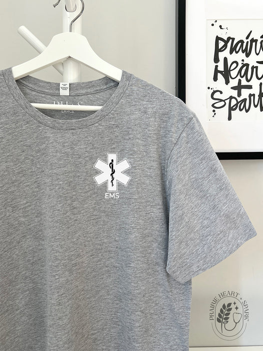 EMS Star: Black colour Rod of Asclepius with EMS on a Athletic Grey short sleeve tee