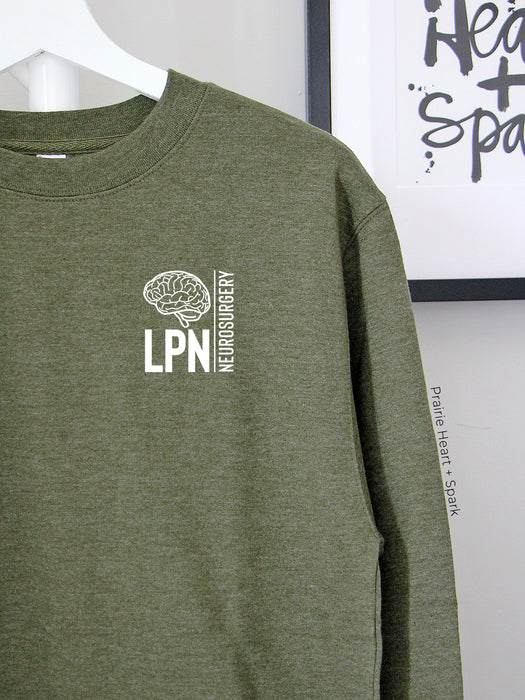 HSC Neurosurgery LPN block design on Army Green sweatshirt
