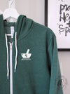 Mortar + Pestle Rx: Heather Forest zip up hoodie with "pharmacist"