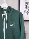 Cred Arch: "RDH" on a Heather Forest zip up hoodie