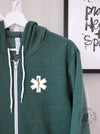 EMS Star: Copper colour Rod of Asclepius on a Heather Forest zip up hoodie