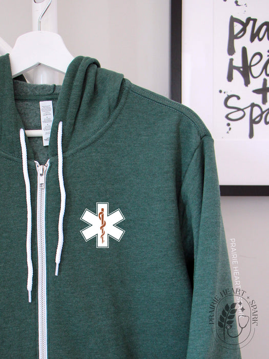 EMS Star: Copper colour Rod of Asclepius on a Heather Forest zip up hoodie