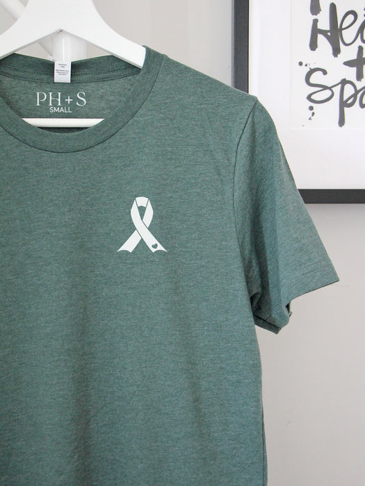Oncology: "Oncology ribbon" on Heather Forest short sleeve tee