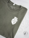 HEART-ology: Heather Military Green short sleeve tee (white heart)