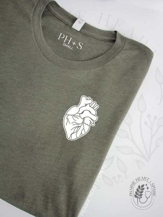 HEART-ology: Heather Military Green short sleeve tee (white heart)