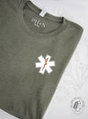 EMS Star: Copper colour Rod of Asclepius on a Heather Military Green short sleeve tee