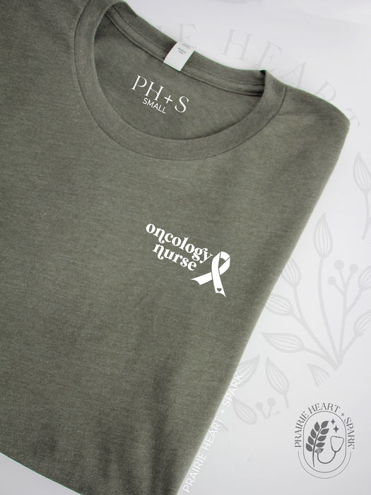 Oncology: "Oncology nurse" on a Heather Military Green short sleeve tee