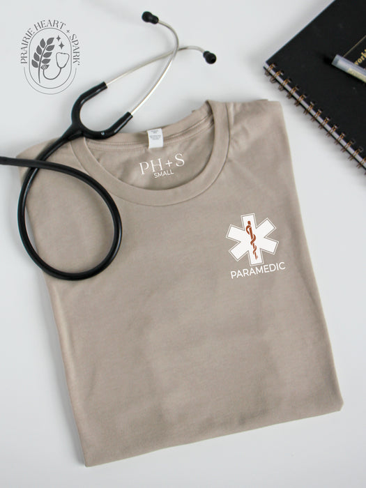EMS Star: Copper colour Rod of Asclepius with Paramedic on Heather Tan short sleeve tee
