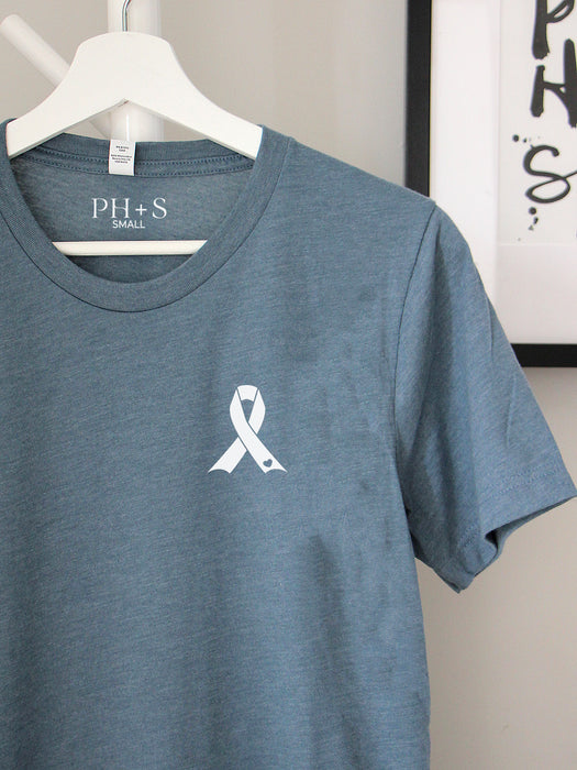 Oncology: "Oncology ribbon" on a Heather Slate short sleeve tee