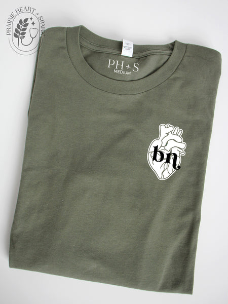 HEART-ology: Military Green long sleeve (white heart with "BN")