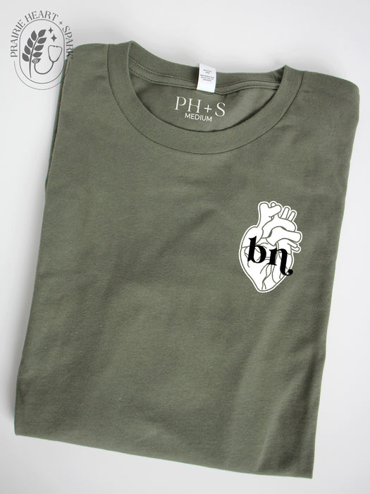 HEART-ology: Military Green long sleeve (white heart with "BN")