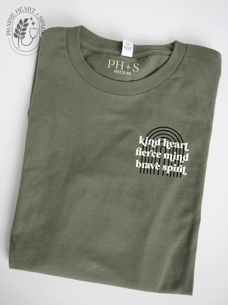 Kind Fierce Brave - Military Green long sleeve with black arches