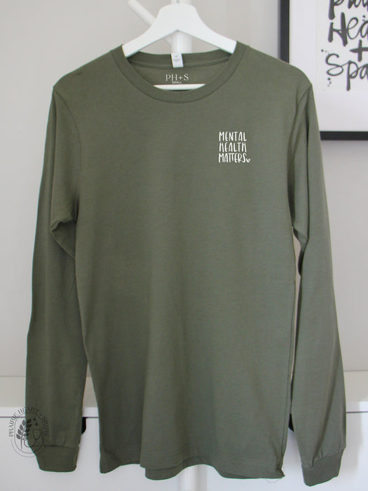 Mental Health: "Mental Health Matters Heart" - Military Green long sleeve