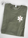 EMS Star: Copper colour Rod of Asclepius with EMT on Military Green long sleeve