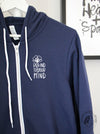 Mental Health: "Be Kind to your Mind" on a Navy zip up hoodie