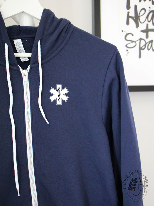 EMS Star: Black colour Rod of Asclepius on a Navy zip up hoodie