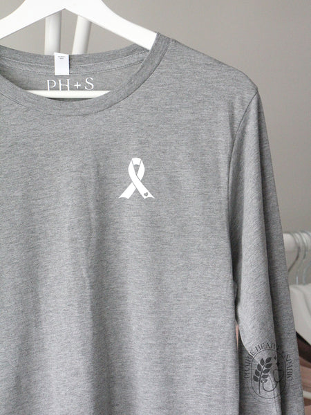 Oncology: "Oncology ribbon" on a Grey long sleeve tee