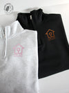 Ash Grey and black quarter-zip sweatshirts with a Home Care Case Coordinator logo in mock up rose gold & copper colour