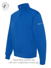 Royal blue quarter-zip sweatshirt with 'RN BN' on the left arm in silver design colour (mock up)