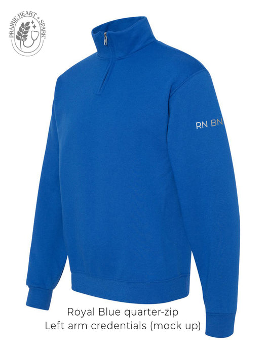 Royal blue quarter-zip sweatshirt with 'RN BN' on the left arm in silver design colour (mock up)