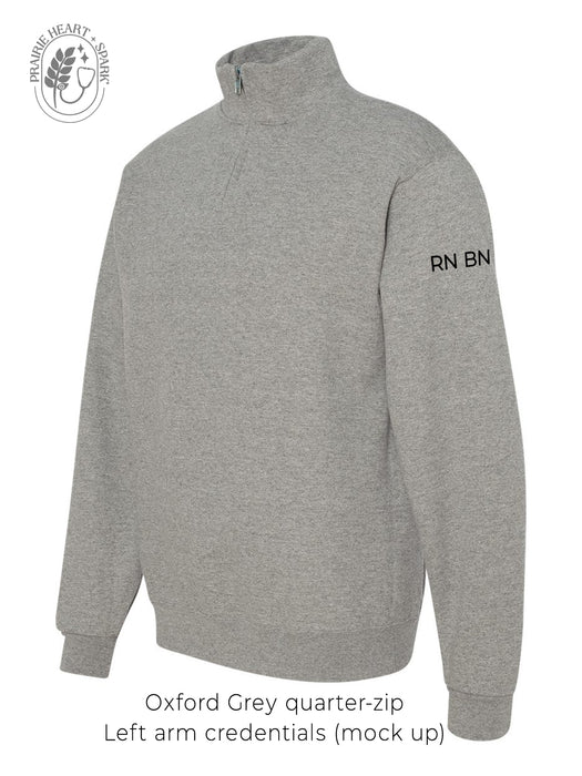 Oxford Grey quarter-zip sweatshirt with 'RN BN' on the left arm in black